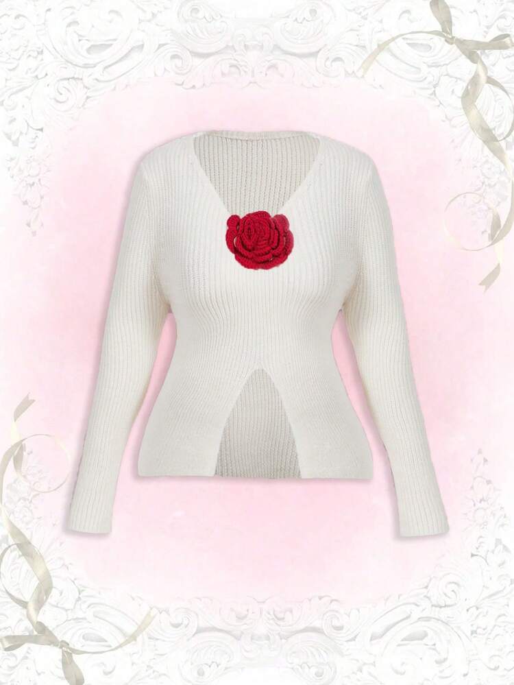 Plus Size 3d Flower Design Split Hem Sweater Knit Pullover Fall Winter Sweater