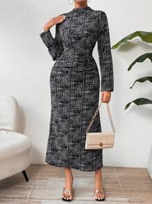 SHEIN Privé Women's Slim Fit Plaid Stand Collar Dress - Multicolor - View 3