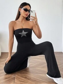 SHEIN EZwear 女士無肩帶連身褲,星星鑽石裝飾 - 黑色 - 查看 3