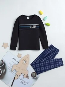 少年格子圖案修身家居服 - 黑色 - 查看 1