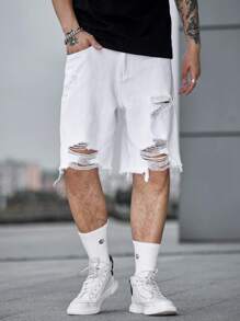 Manfinity EMRG Hombres Shorts mezclilla bermuda algodón desgarro bajo crudo - Blanco - Ver 7