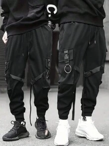 Manfinity Roghcode 1Pc Loose Men's Cargo Pants With Drawstring Waist Tapered Long Plain Black Going Out, For Fall - Black - View 1