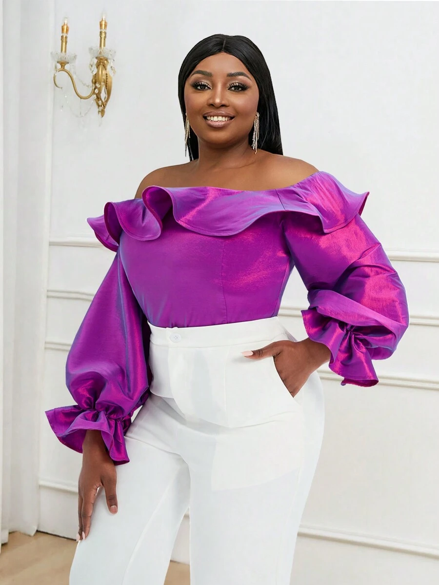 Tops Con Volantes Y Hombros Descubiertos Para Mujer De Talla Grande - Morado - Ver 1