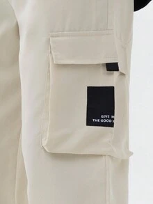 SHEIN 女童時尚簡約長褲,設有口袋 - 米色 - 查看 3