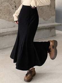 DAZY 女士优雅纯色灯芯绒美人鱼半身裙，秋冬季 - 黑色 - 查看 8