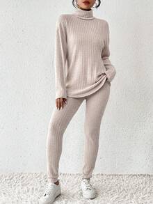 SHEIN Frenchy 2件/套純色高領長袖休閒裝 - 杏色 - 查看 4