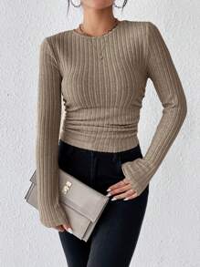 SHEIN Frenchy 純色長袖t恤 - 棕色 - 查看 1