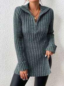 SHEIN Frenchy Half-Zip Split Side Sweater With Side Slit - Dark Green - View 3
