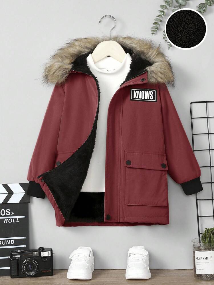 Toddler Boys' Casual Loose Fit Thickened Weaved Label Coat With Hood, Edge, Button Closure And Pockets, Winter