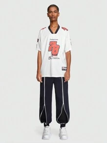 ROMWE MEN Prep 男款時尚抽繩翻邊褲,雙拉鍊設計,適合春夏 - 藏蓝色 - 查看 2