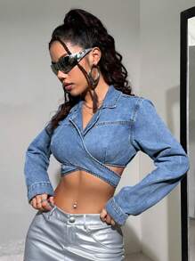 SHEIN ICON Y2k Blue Asymmetrical Cross Short Suit Jacket Women Denim Coat - Blue - View 5