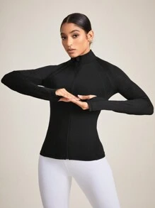 Yoga Basic Breathable Mesh Fabric Jacket With Letter Print Design For Sports - Black - View 6