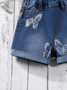 幼童女孩蝴蝶印花牛仔短褲 - 中等水洗藍 - 查看 4