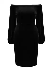 SHEIN LUNE Plus Size Solid Color Off-Shoulder Lantern Sleeve Dress - Black - View 1