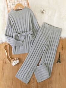 SHEIN Tween Girl Drop Shoulder Belted Sweater & Knit Pants