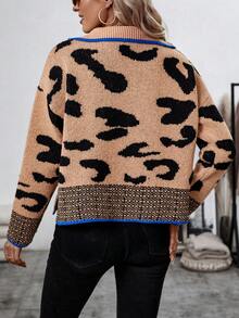 SHEIN LUNE Women's Leopard Print Half Zipper Sweater - Multicolor - View 2