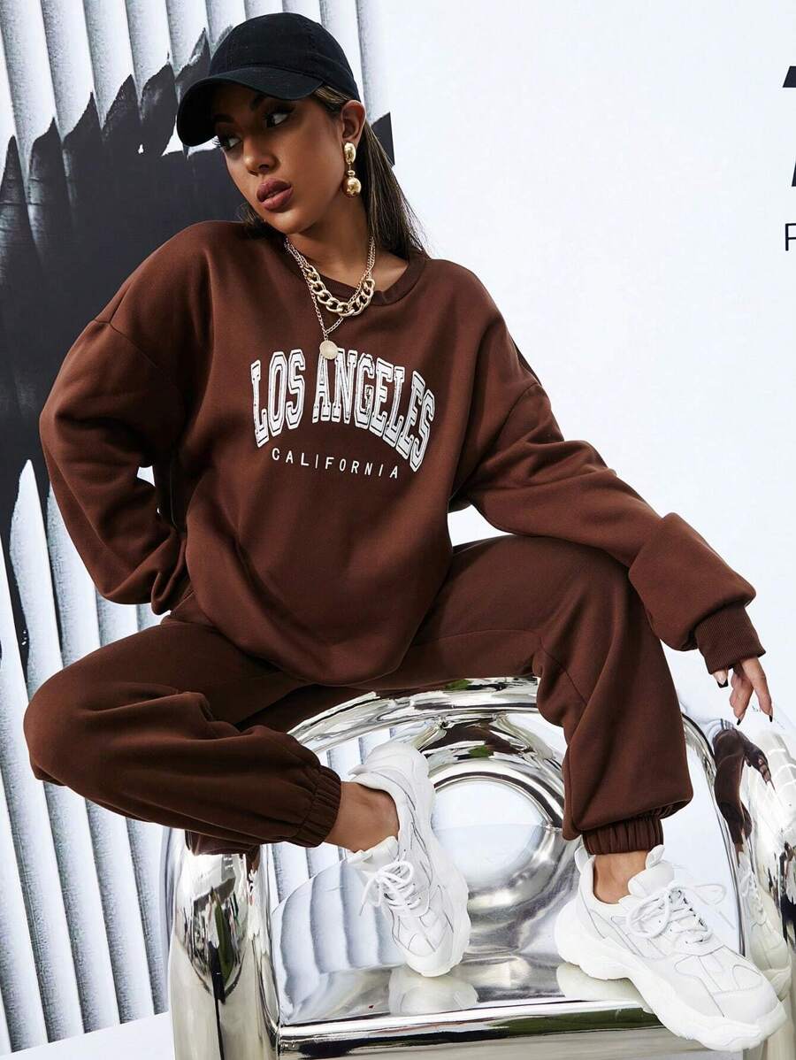 SHEIN Unity Bộ thời trang Lá thư Thể thao - Màu nâu Sô-cô-la - Xem 1