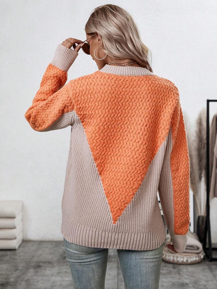 Women's Color Block Round Neck Loose Casual Knit Pullover Fall Winter Sweater