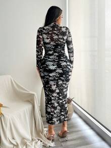 SHEIN SXY 女款花朵印花立領上衣裙套裝 - 黑色 - 查看 2