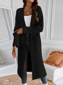 SHEIN Essnce 女士下垂肩純色針織開衫 - 黑色 - 查看 1