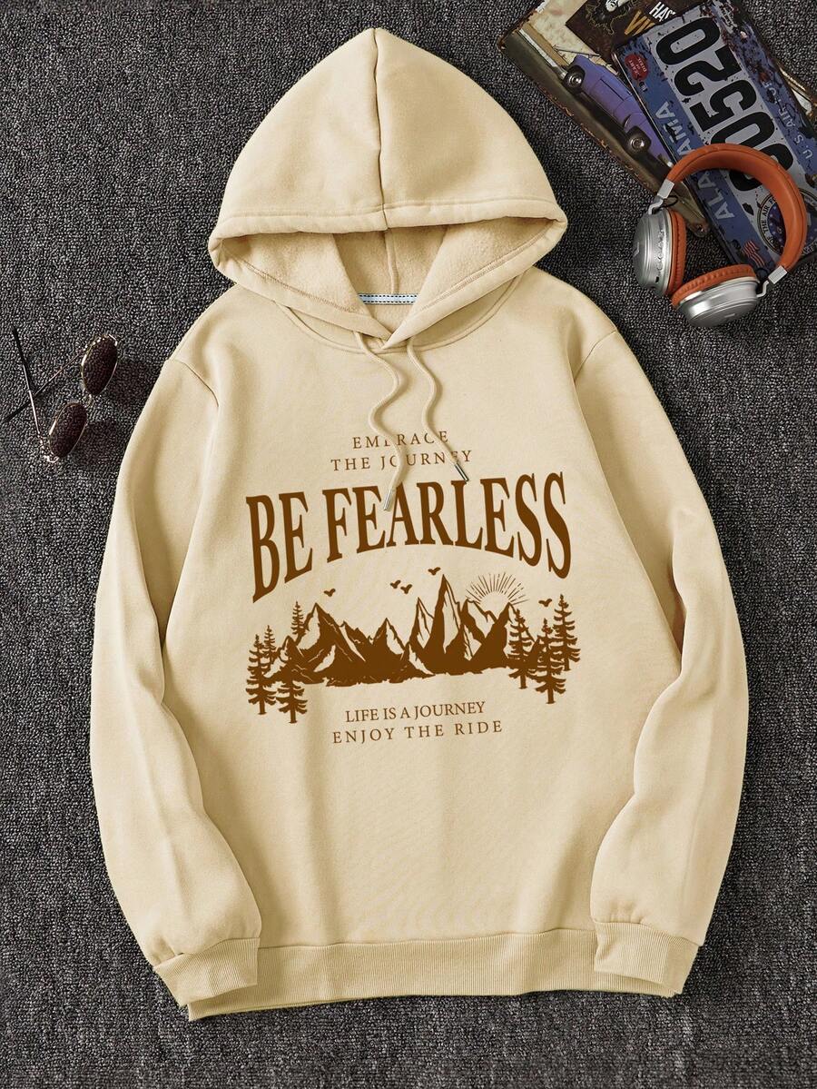 男士標語印花連帽衫 - 杏色 - 查看 1