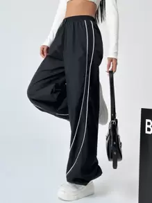 SHEIN EZwear 高腰寬腿休閒長褲 - 黑色 - 查看 4