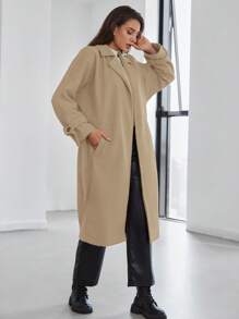 EURMUSE Lapel Neck Open Front Belted Overcoat - Camel - View 4