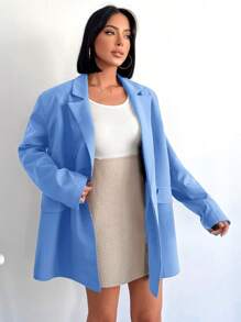 SHEIN Cottnline Lapel Double-breasted Loose Fit Suit Jacket - Baby Blue - View 3