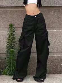 Pantalones cargo con bolsillo con solapa fruncido de pierna ancha - Negro - Ver 1