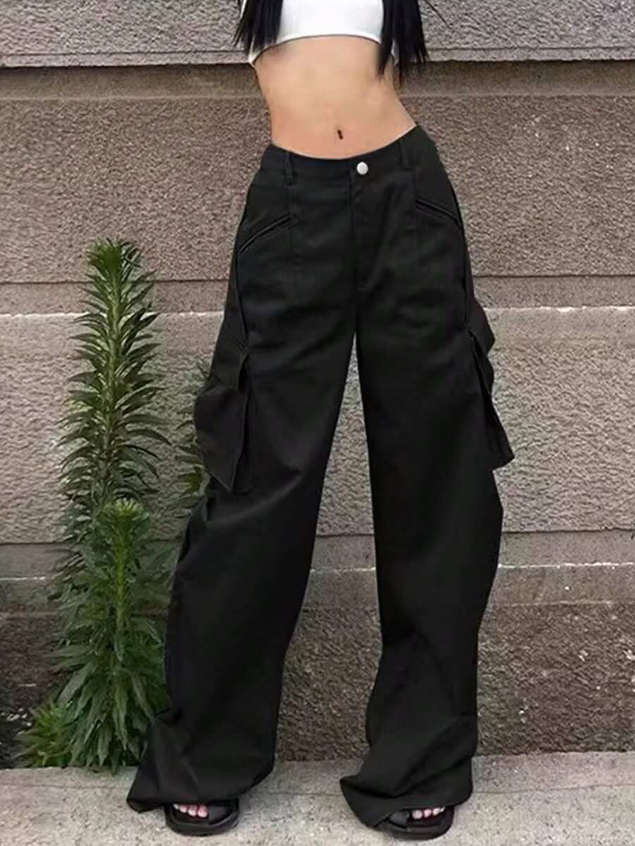 Pantalones cargo con bolsillo con solapa fruncido de pierna ancha - Negro - Ver 1