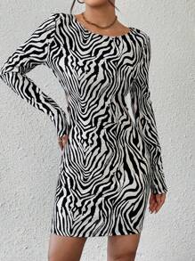 SHEIN Essnce 女士斑馬印花露背長袖緊身連身裙 - 黑與白 - 查看 5