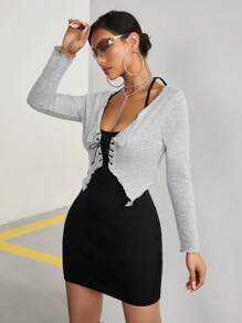 SHEIN PETITE 2 cái/bộ Lace lên phía trước Cạnh rau diếp Áo Và Dây Váy bodycon - Xám - Xem 6