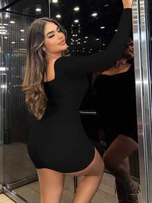 SHEIN SXY Vestido Ajustado De Manga Larga De Color Liso - Negro - Ver 4