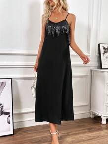 SHEIN Clasi 女性亮片拼接流蘇裝飾高開衩束腰背心連衣裙 - 黑色 - 查看 5