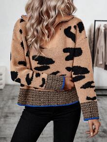 SHEIN LUNE Women's Leopard Print Half Zipper Sweater - Multicolor - View 5