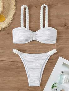 SHEIN Swim 純色紋理比基尼套裝婚禮 - 白色 - 查看 7