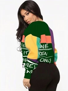 女装上衣时尚拼接休闲撞色字母印花上衣女夏装商务休闲女装 - 墨綠色 - 查看 3