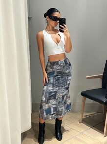 SHEIN ICON Falda Estilo Sirena Con Estampado De Patchwork Para Mujer - Multicolor - Ver 6