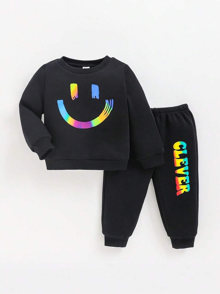 2pcs Unisex Baby Smiling Face Pattern Raglan Sweatshirt & Cuffed Pants Thickened Set