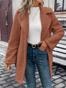 SHEIN Frenchy Shearling Coat With Single Breasted Button & Warm Thermal Lined - Coffee Brown - View 3