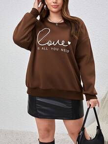 SHEIN Essnce Women'S Plus Size Drop Shoulder Sweatshirt With Slogan Print - Coffee Brown - View 6