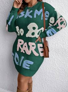 Calvaya 大碼字母印花圓領毛衣裙 - 彩色 - 查看 4