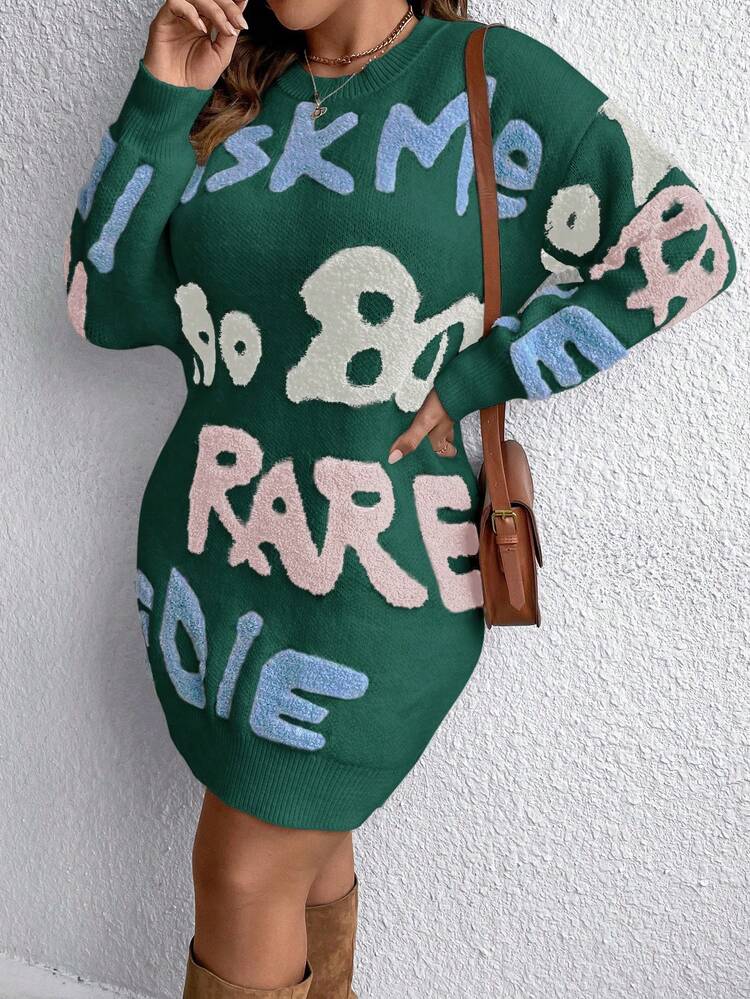 Plus Size Letter Print Round Neck Sweater Dress