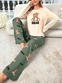 熊印花長袖t恤和長褲睡衣套裝 - 彩色 - 查看 5