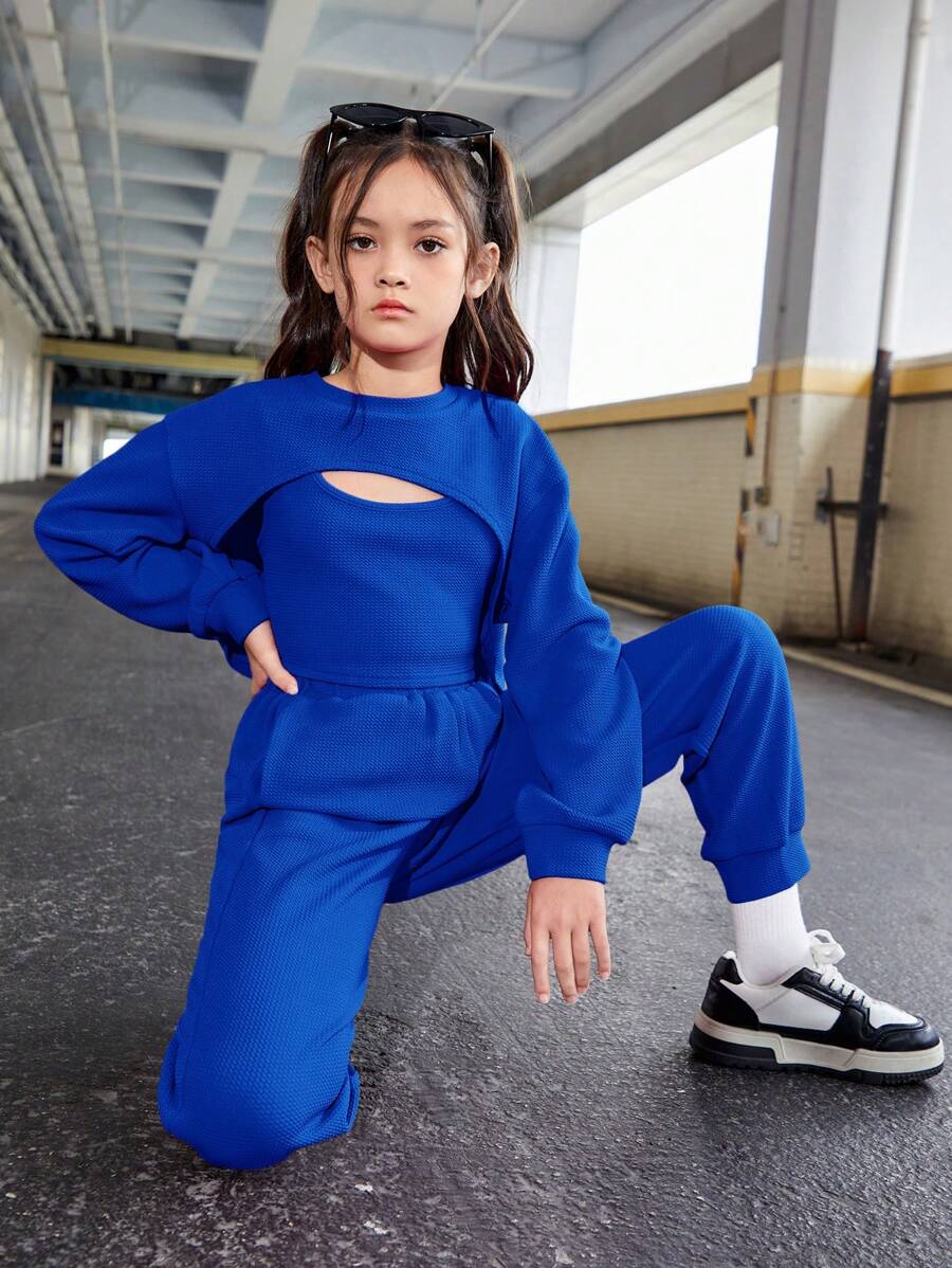 SHEIN Leap Crew Cô gái Tween Giải trí Đường phố Đan Áo chui đầu Hoodie Với Áo ba lỗ Và Rộng chân Quần - Xanh đậm - Xem 1