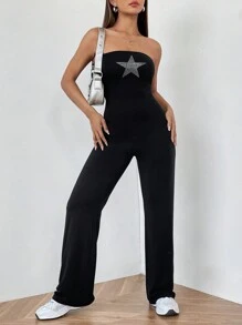 SHEIN EZwear 女士無肩帶連身褲,星星鑽石裝飾 - 黑色 - 查看 1