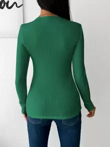SHEIN Cottnline Solid Color Long Sleeve T-Shirt ,Petite Women - Green - View 2