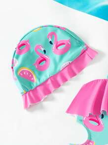 Baby Girls' One-Piece Swimsuit With Cartoon Print And Hollow-Out Waist And Ruffle Trim, Comes With A Swimming Cap - Multicolor - View 3