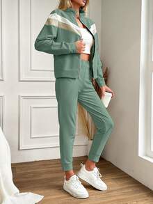 Cottnline 女款拼色外套配褲子兩件套 - 薄荷綠 - 查看 3