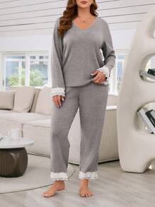 Conjunto De Pijama De Manga Longa Plus Size Com Decote Em V E Detalhes Em Patchwork - Cinza - Visão 3